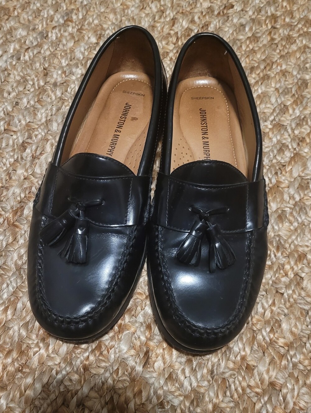 Johnston & Murphy Black Leather Tassel Loafers Pre-Flexed Mens 8.5 M Preppy Ivy